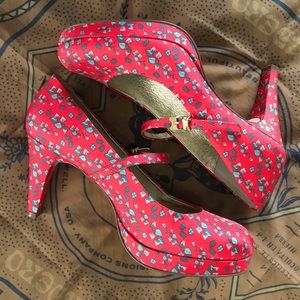 Miss Albright Anthropologie Nevin red silk heels